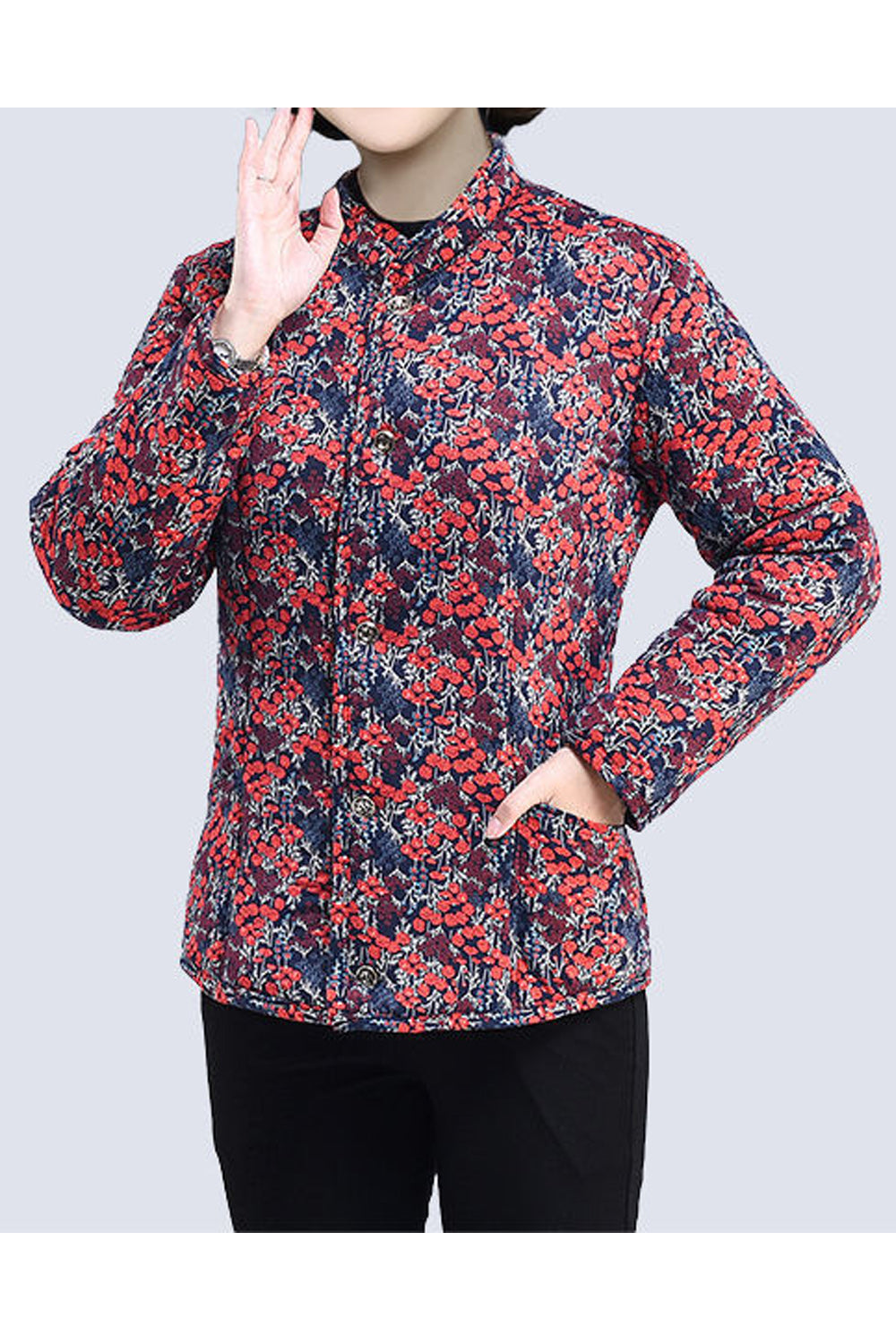 Women Beautiful Floral Print Round Neck Thick Long Sleeve Easy Button Closure Cardigan