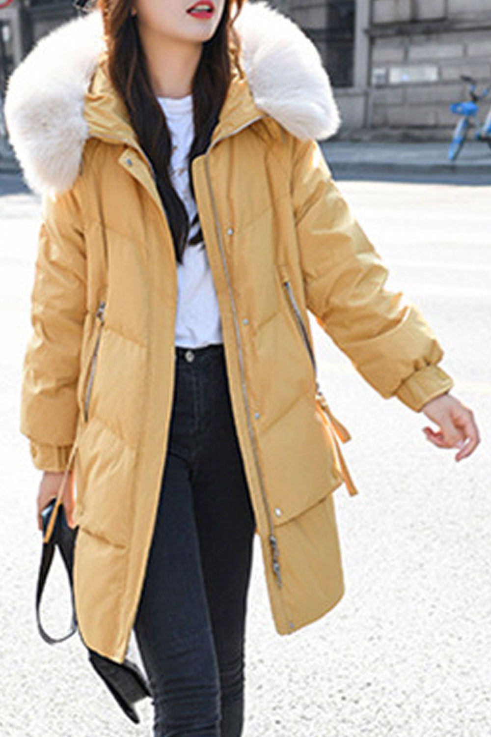 Women Fabulous Solid Colored Thick Long Sleeve Fluffy Hooded Neck Zipper Closure Winter Warm Padded Jacket