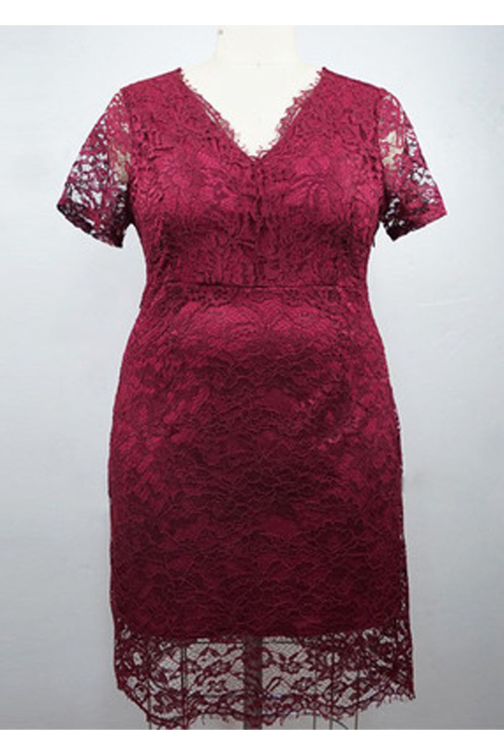 Women Fashion Short Sleeve Beautiful Lace Pattern V-Neck Slim Fit Mid Length Dress