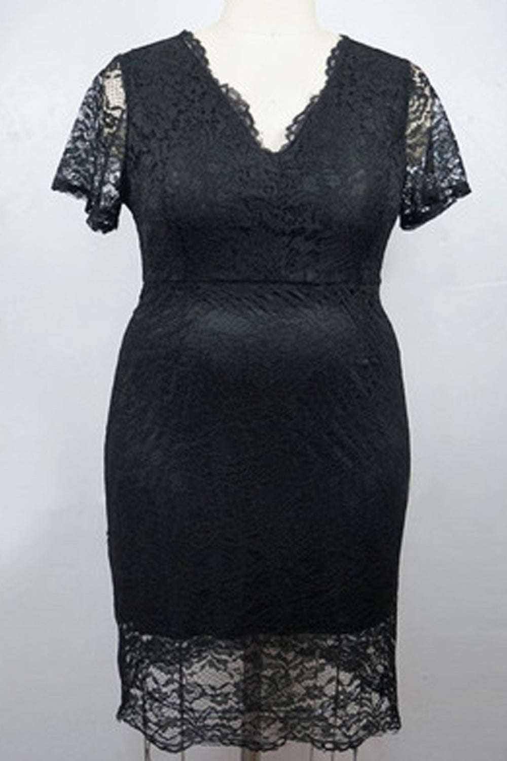 Women Fashion Short Sleeve Beautiful Lace Pattern V-Neck Slim Fit Mid Length Dress