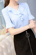 Women Flared Short Sleeve Tremendous Solid Colored V-Neck Summer Pullover Casual Blouse