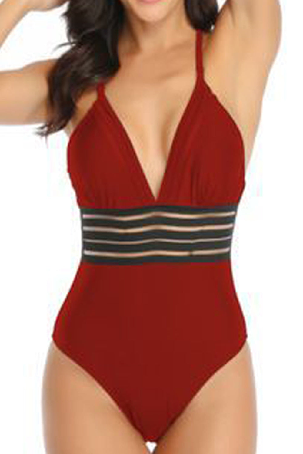 Women Solid Colored Strap Neck Hollow Style One Piece Swimwear