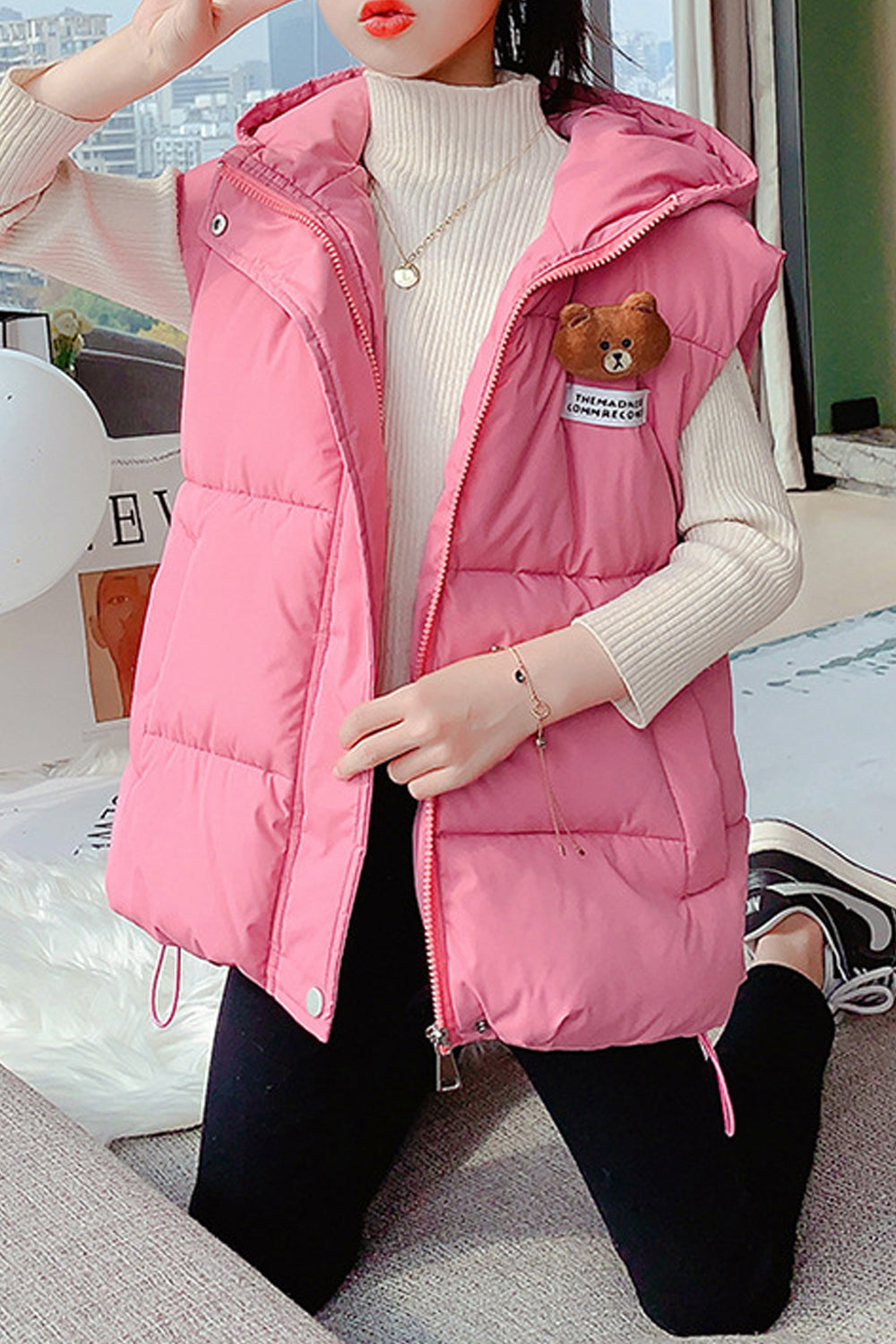 Kids Girls Pretty Solid Colored Easy Hooded Neck Zipper Closure Sleeveless Winter Padded Vest