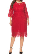 Women Plus Hollow Lace Pretty Round Neck Breathable Solid Colored Dress
