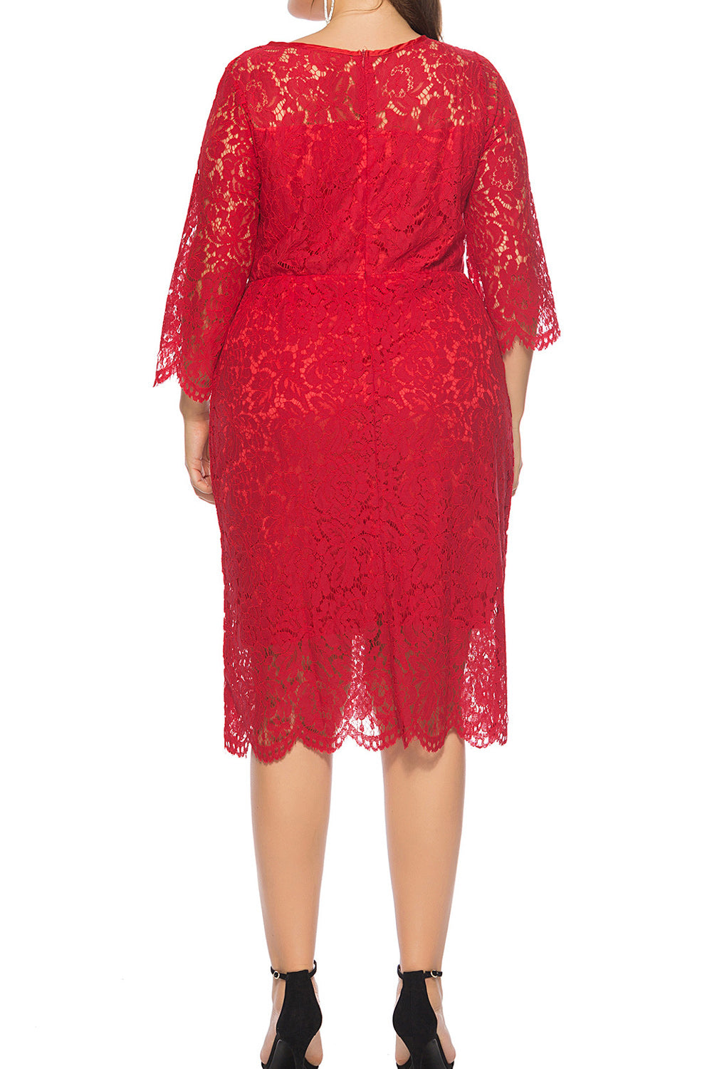 Women Plus Hollow Lace Pretty Round Neck Breathable Solid Colored Dress