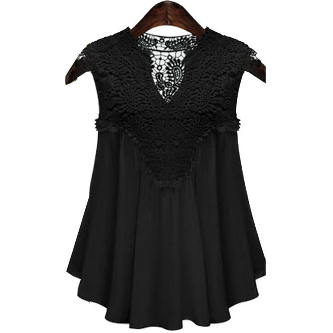 Women Fashion Lace Notch Neck Flying Sleeves Top