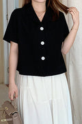 Women Elegant Solid Colored Restful Short Sleeve Easy Collar Neck Button Closure Soft Casual Shirt