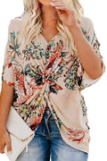 Women Fabulous Floral Printed Pattern V-Neck Comfy Short Sleeve Loose Shirt