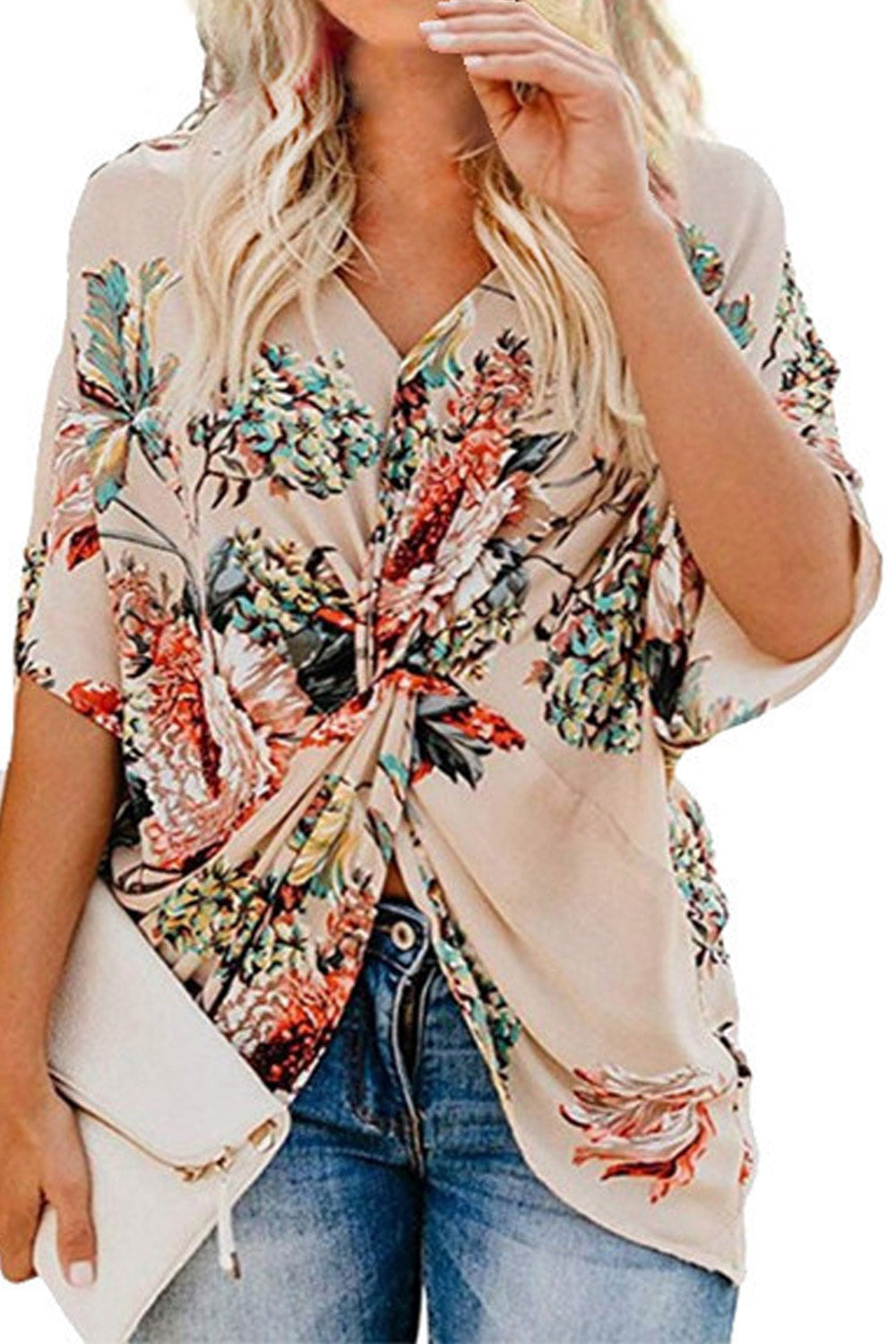 Women Fabulous Floral Printed Pattern V-Neck Comfy Short Sleeve Loose Shirt
