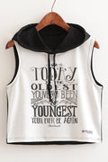Women Superb Sleeveless Drawstring Hood Printed Pattern Vest Style Top