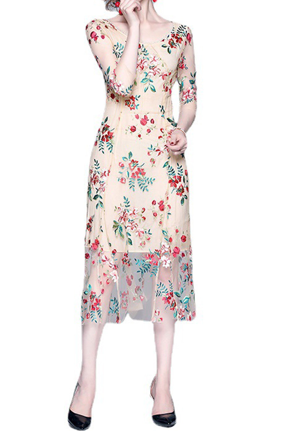 Women Half Sleeve Pretty Flower Embroidered Thin Mesh Breathable Round Neck Dress