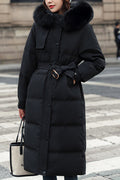 Women Comfy Full Length Hooded Neck Waist Belt Protective Side Pockets Solid Pattern Winter Padded Jacket