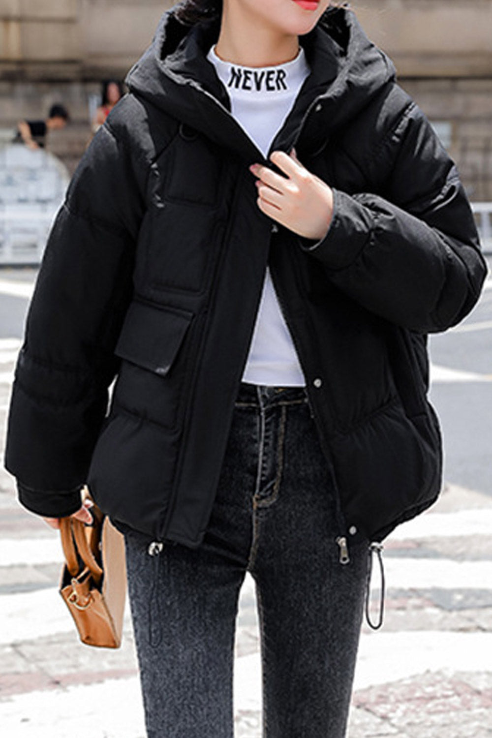 Women Lovely Ribbed Cuff Drawstring Waist Side Pockets Hooded Nek Winter Padded Jacket