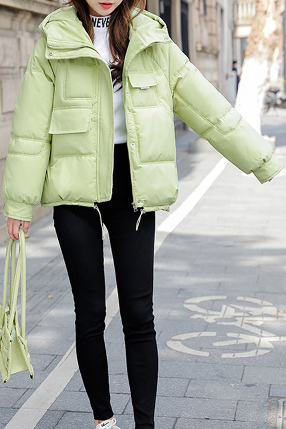Women Lovely Ribbed Cuff Drawstring Waist Side Pockets Hooded Nek Winter Padded Jacket