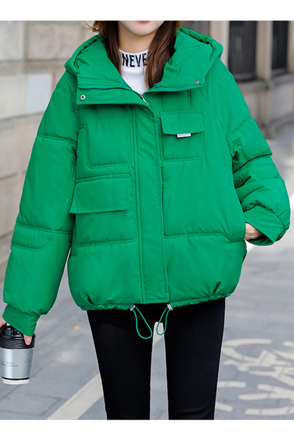 Women Lovely Ribbed Cuff Drawstring Waist Side Pockets Hooded Nek Winter Padded Jacket