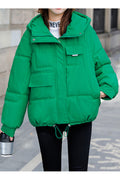 Women Lovely Ribbed Cuff Drawstring Waist Side Pockets Hooded Nek Winter Padded Jacket