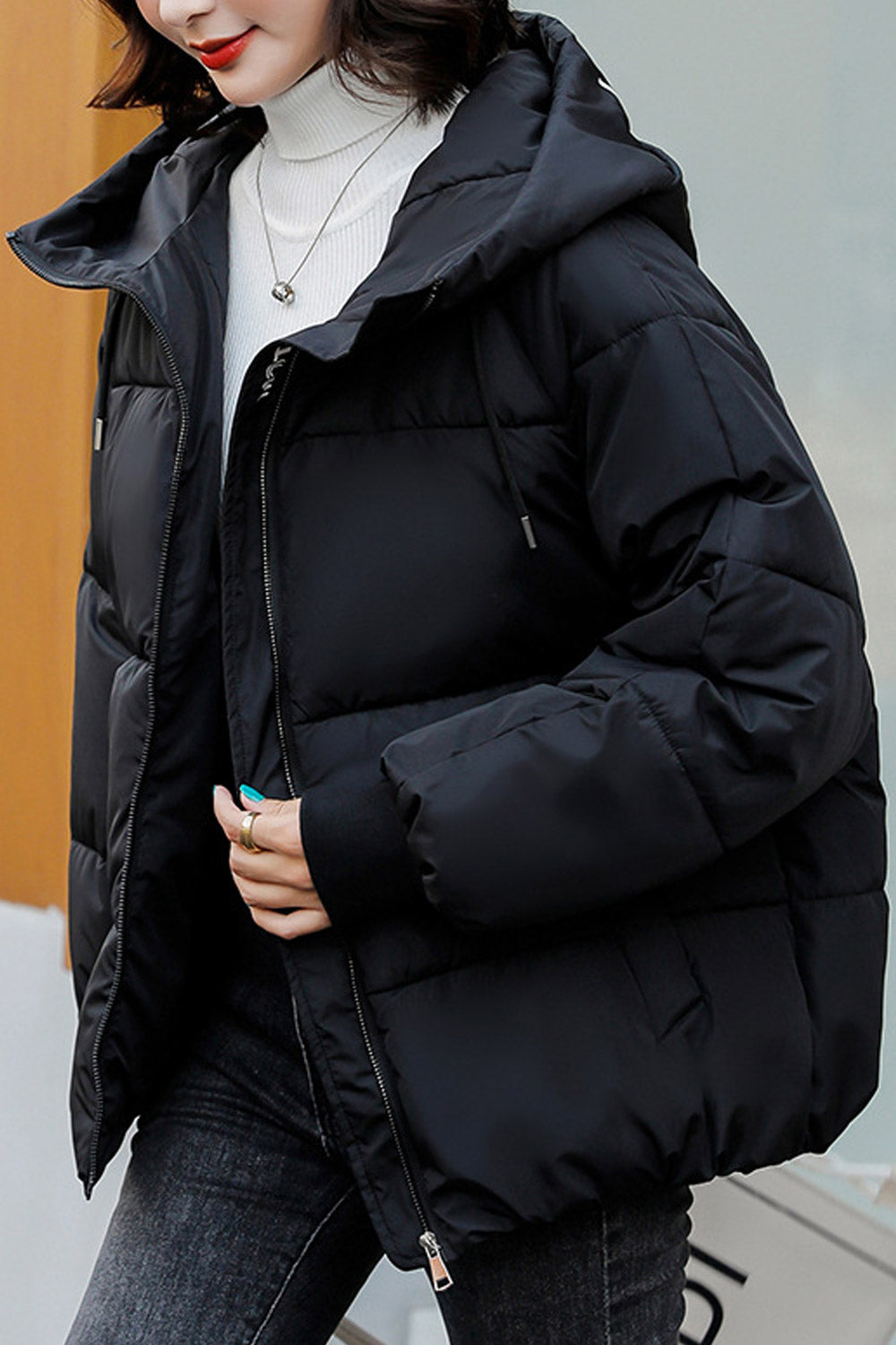 Women Comfy Adjustable Drawstring Hood Solid Pattern Side Pockets Winter Padded Jacket