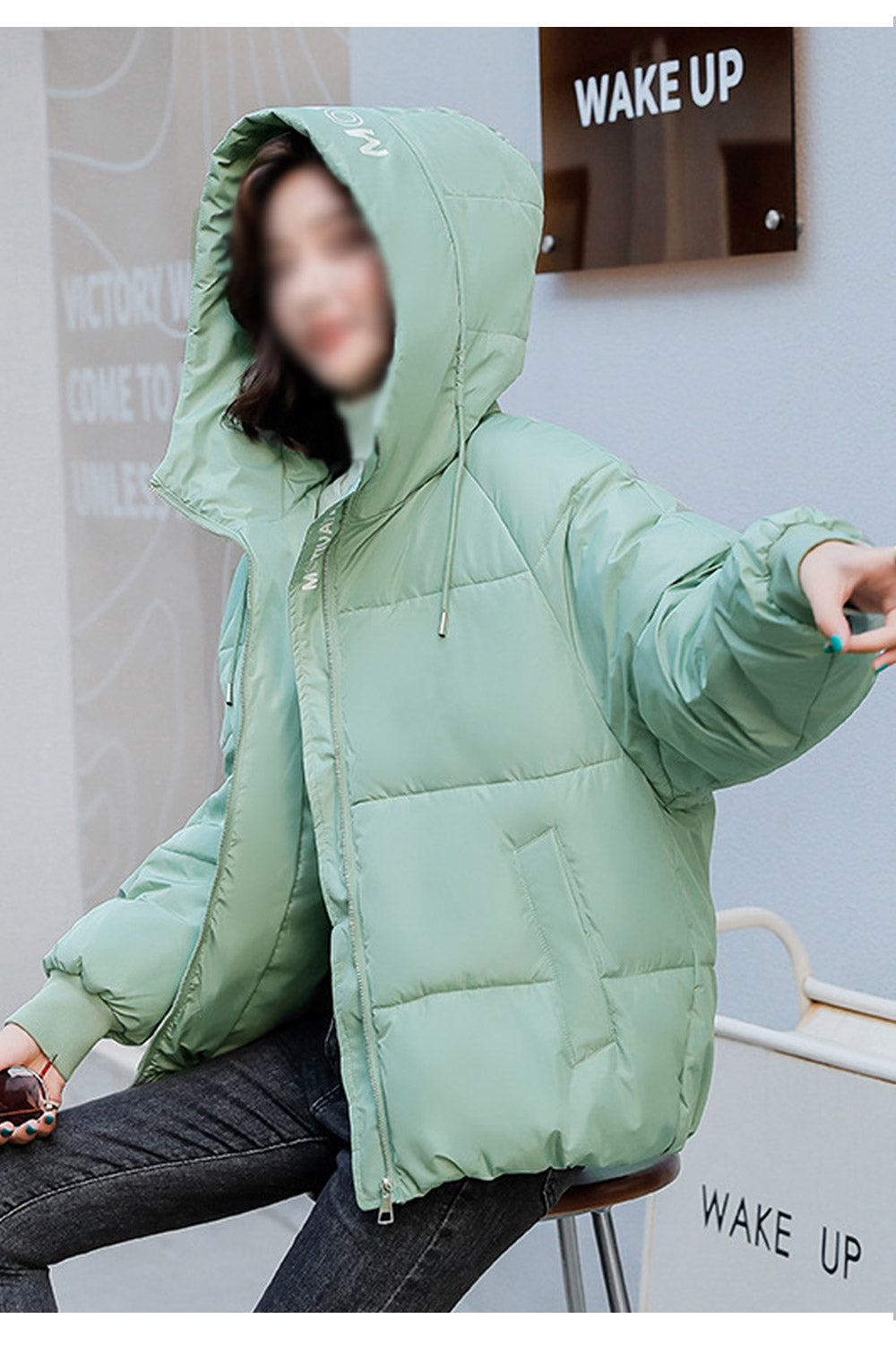 Women Comfy Adjustable Drawstring Hood Solid Pattern Side Pockets Winter Padded Jacket