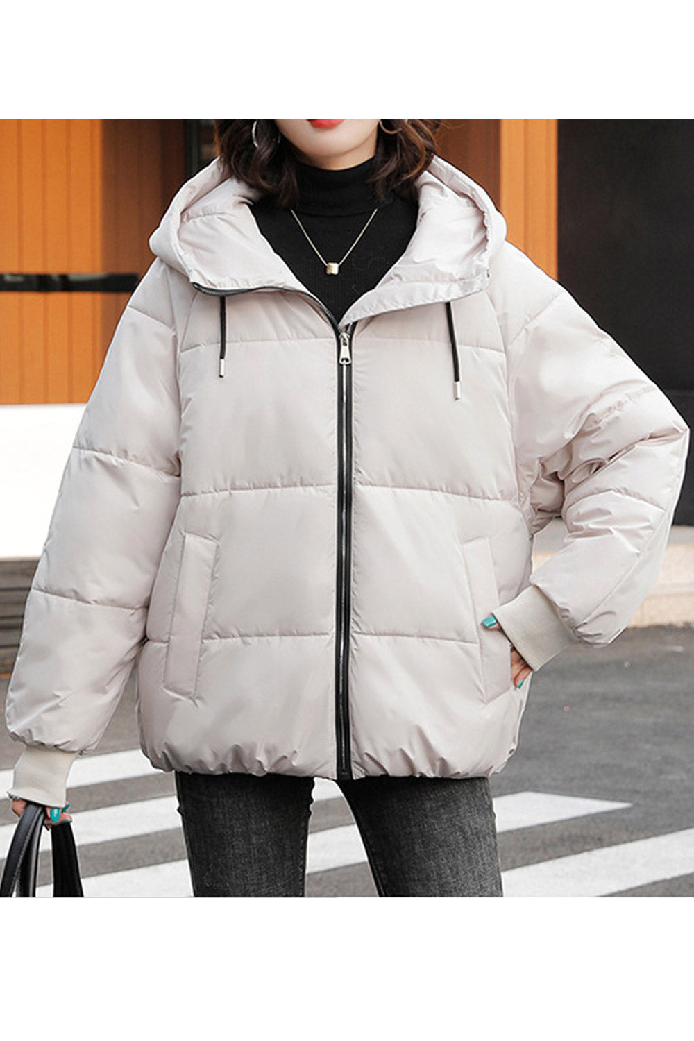 Women Comfy Adjustable Drawstring Hood Solid Pattern Side Pockets Winter Padded Jacket