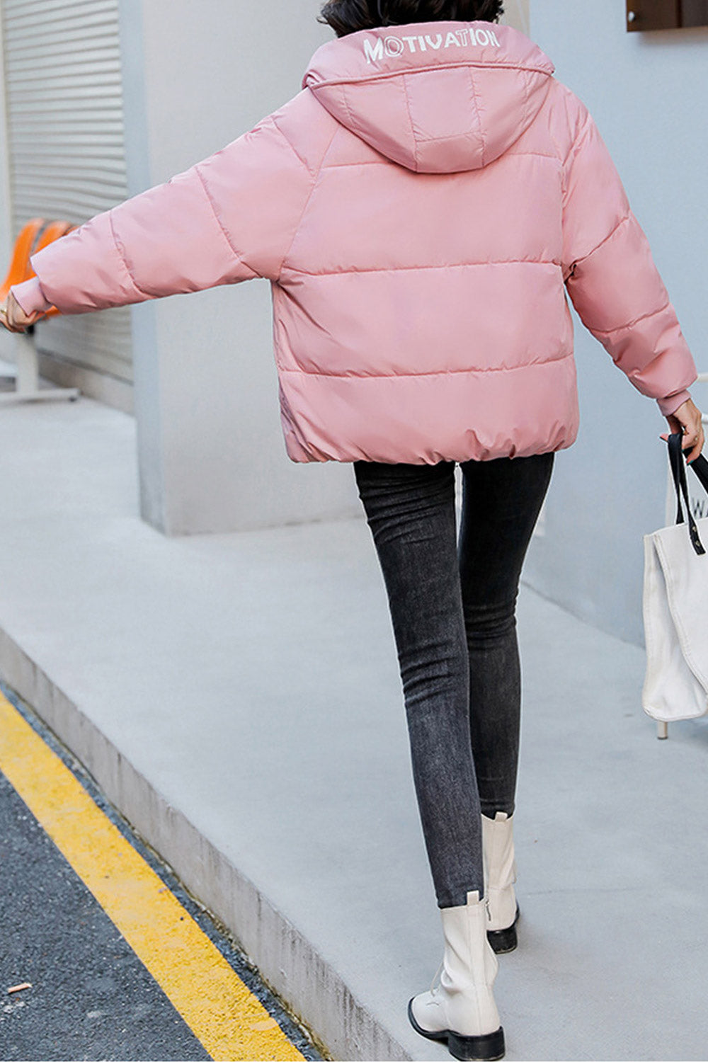 Women Comfy Adjustable Drawstring Hood Solid Pattern Side Pockets Winter Padded Jacket