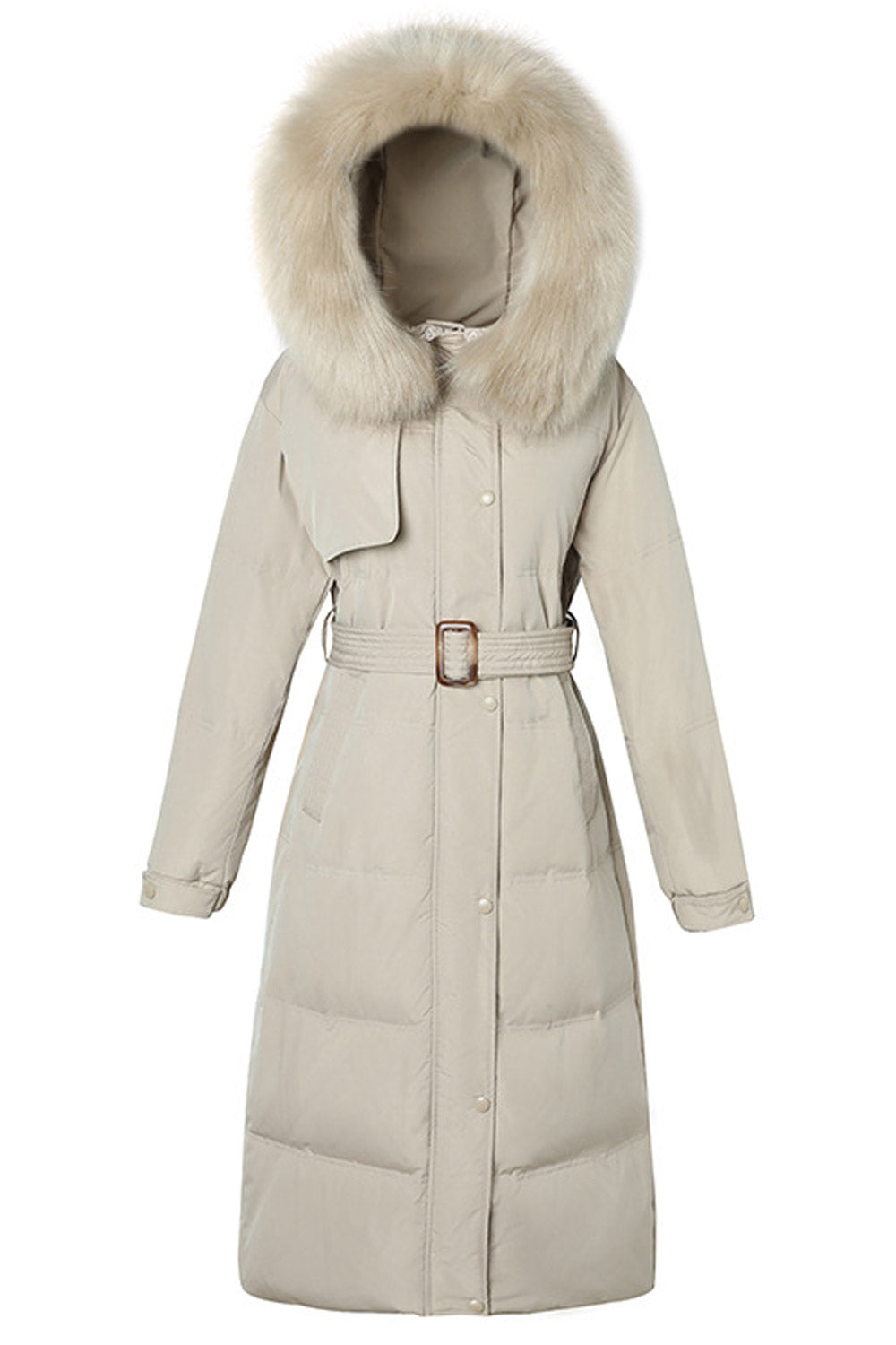 Women Comfortable Knee-Length Stylish Hood Adjustable Waist Belt Winter Padded Jacket