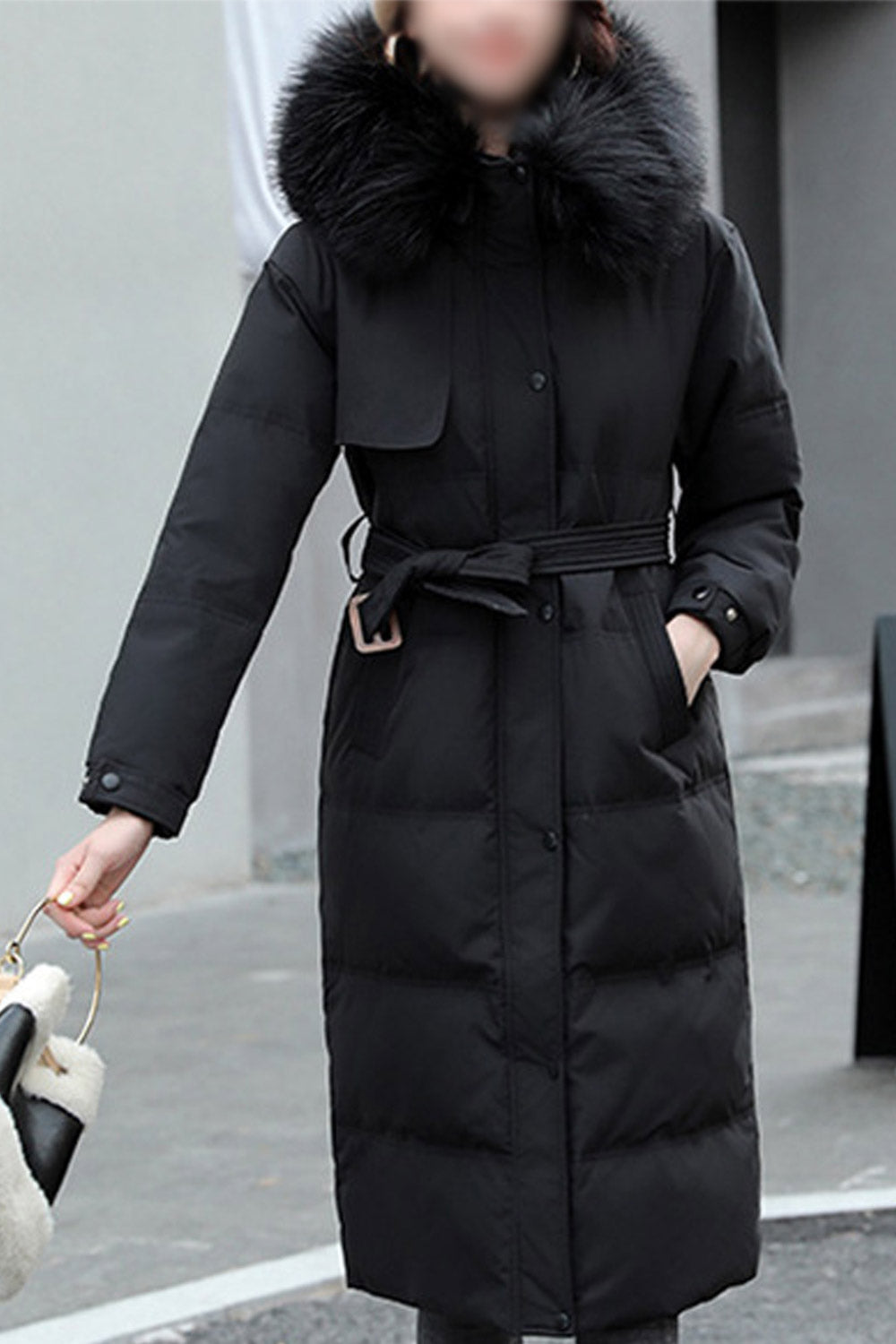 Women Comfortable Knee-Length Stylish Hood Adjustable Waist Belt Winter Padded Jacket