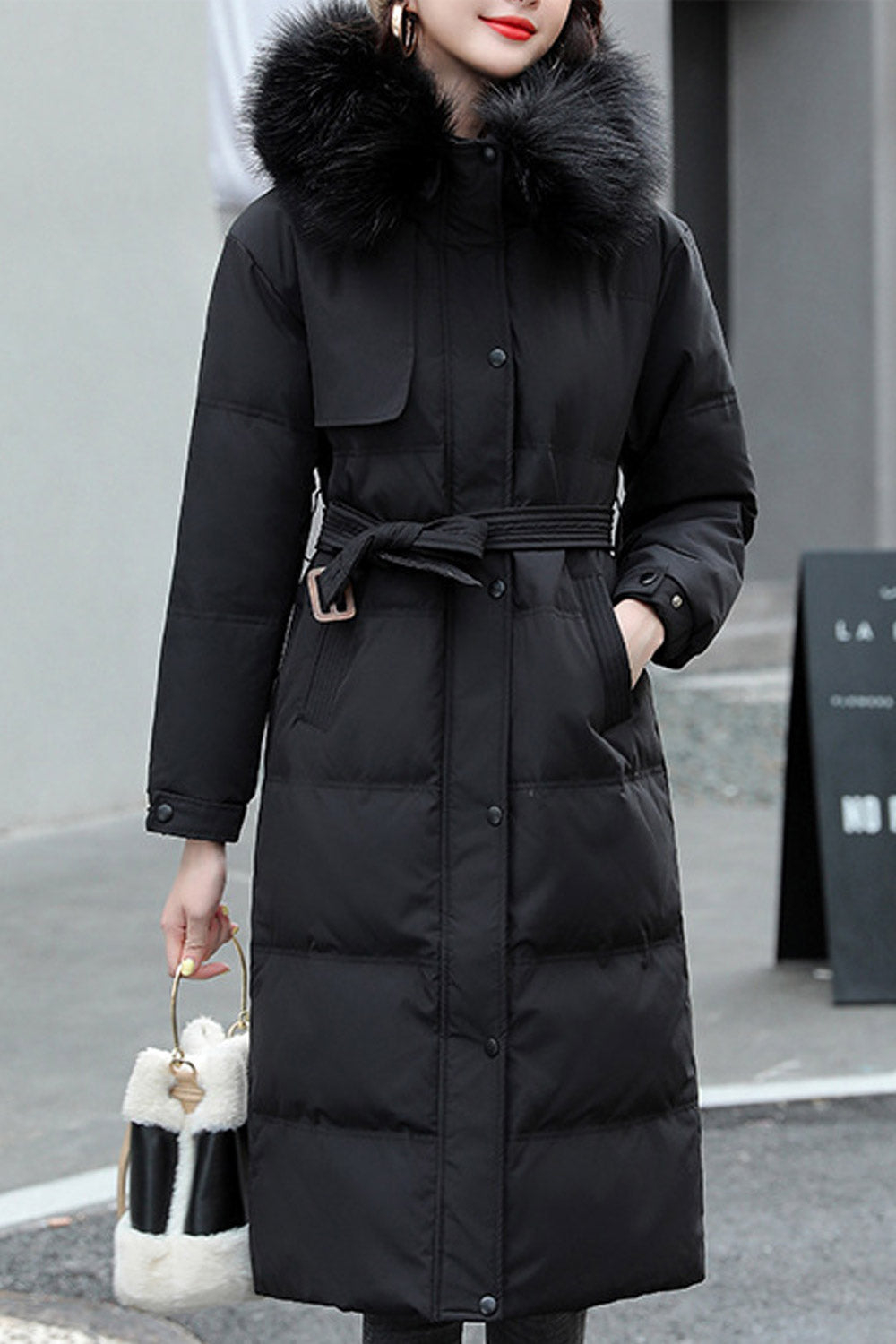 Women Comfortable Knee-Length Stylish Hood Adjustable Waist Belt Winter Padded Jacket