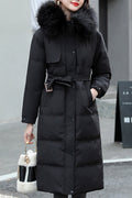Women Comfortable Knee-Length Stylish Hood Adjustable Waist Belt Winter Padded Jacket