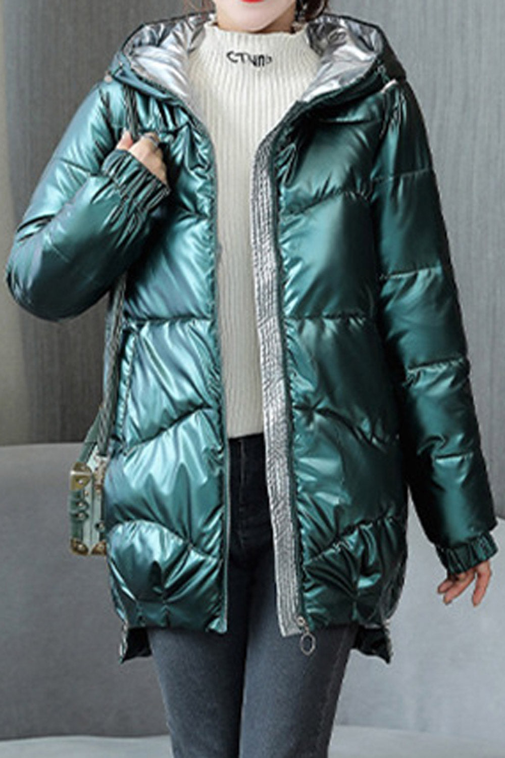 Women Comfy Shiny Colored Solid Pattern Hooded Neck Zipper Closure Winter Padded Jacket