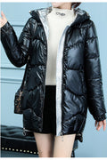 Women Comfy Shiny Colored Solid Pattern Hooded Neck Zipper Closure Winter Padded Jacket