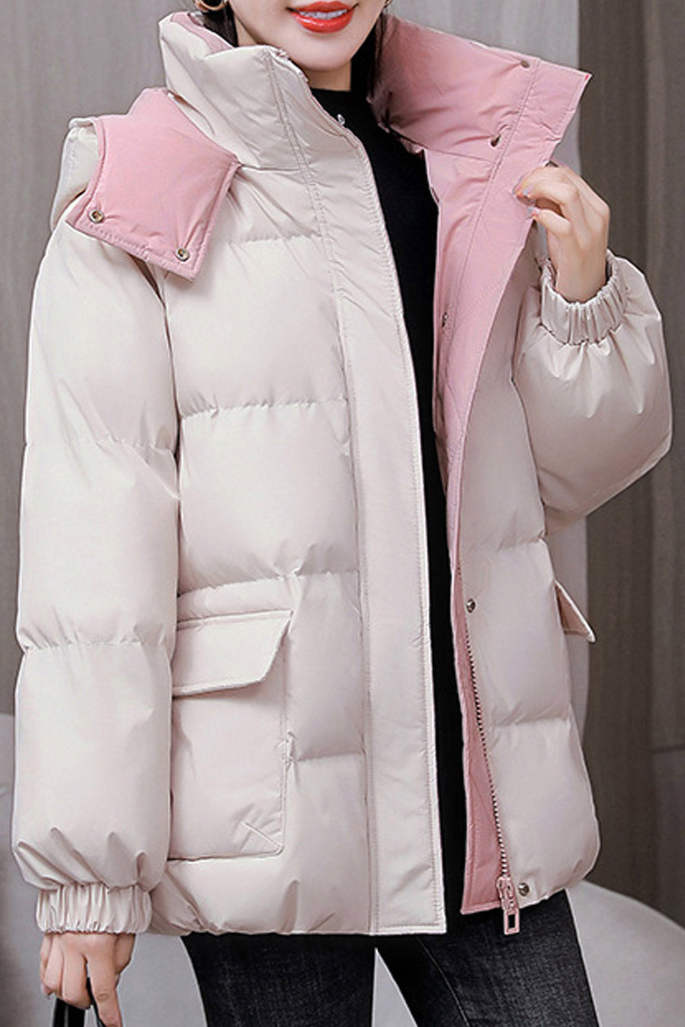 Women Relaxful Ribbed Cuff Flap Pockets Stand Collar & Hooded Zipper Closure Warm & Comfy Padded Jacket
