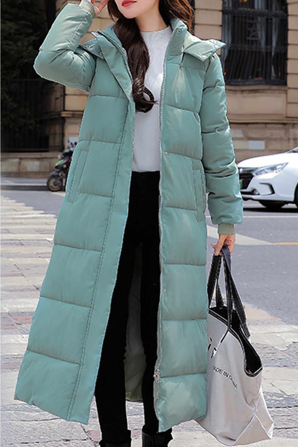 Women Attractive Below Knee Length Solid Pattern Stand Collar Hooded Comfy Winter Padded Jacket