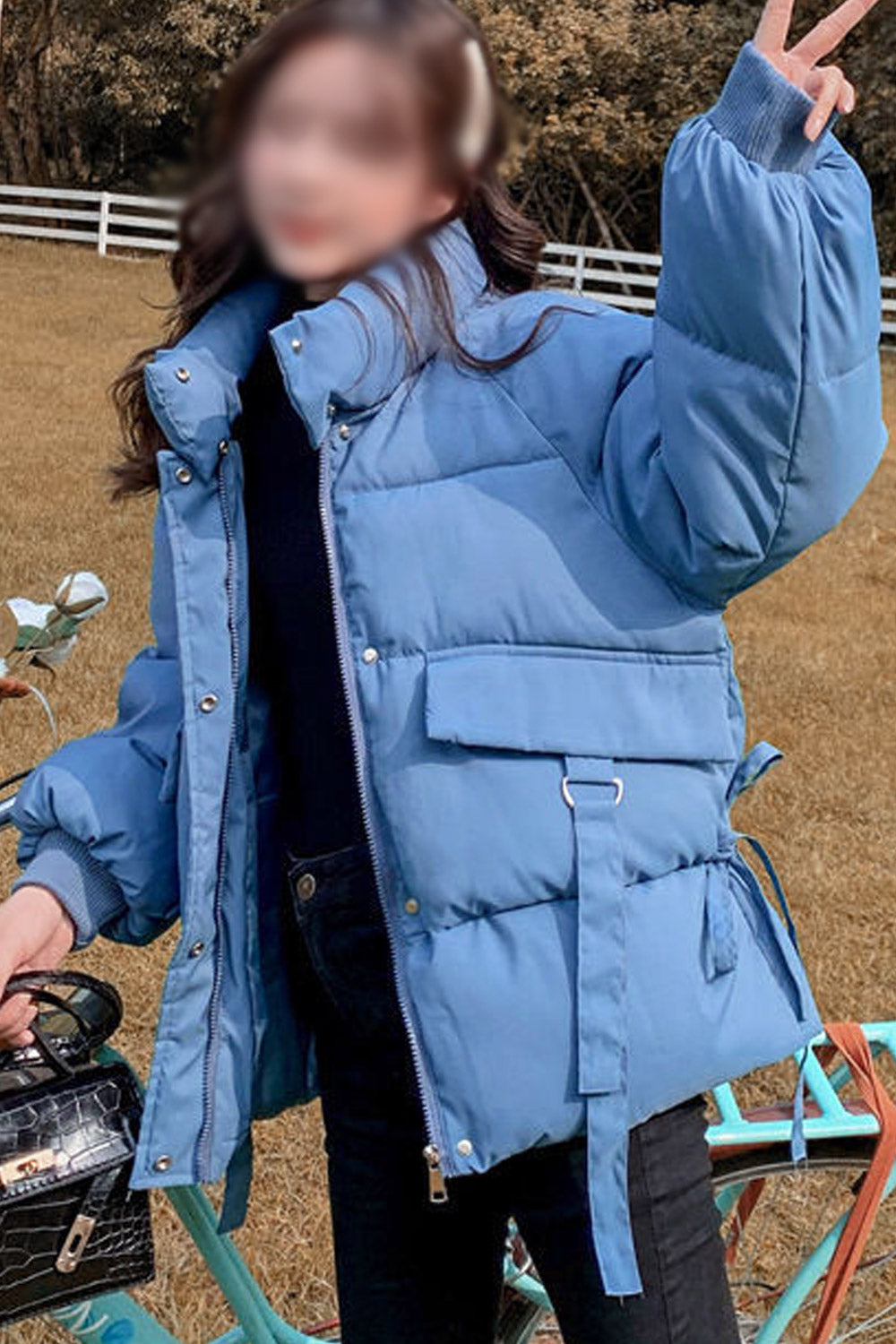 Women Restful Solid Pattern Ribbed Cuff Stand Collar Flap Pockets Comfortable Winter Padded Jacket