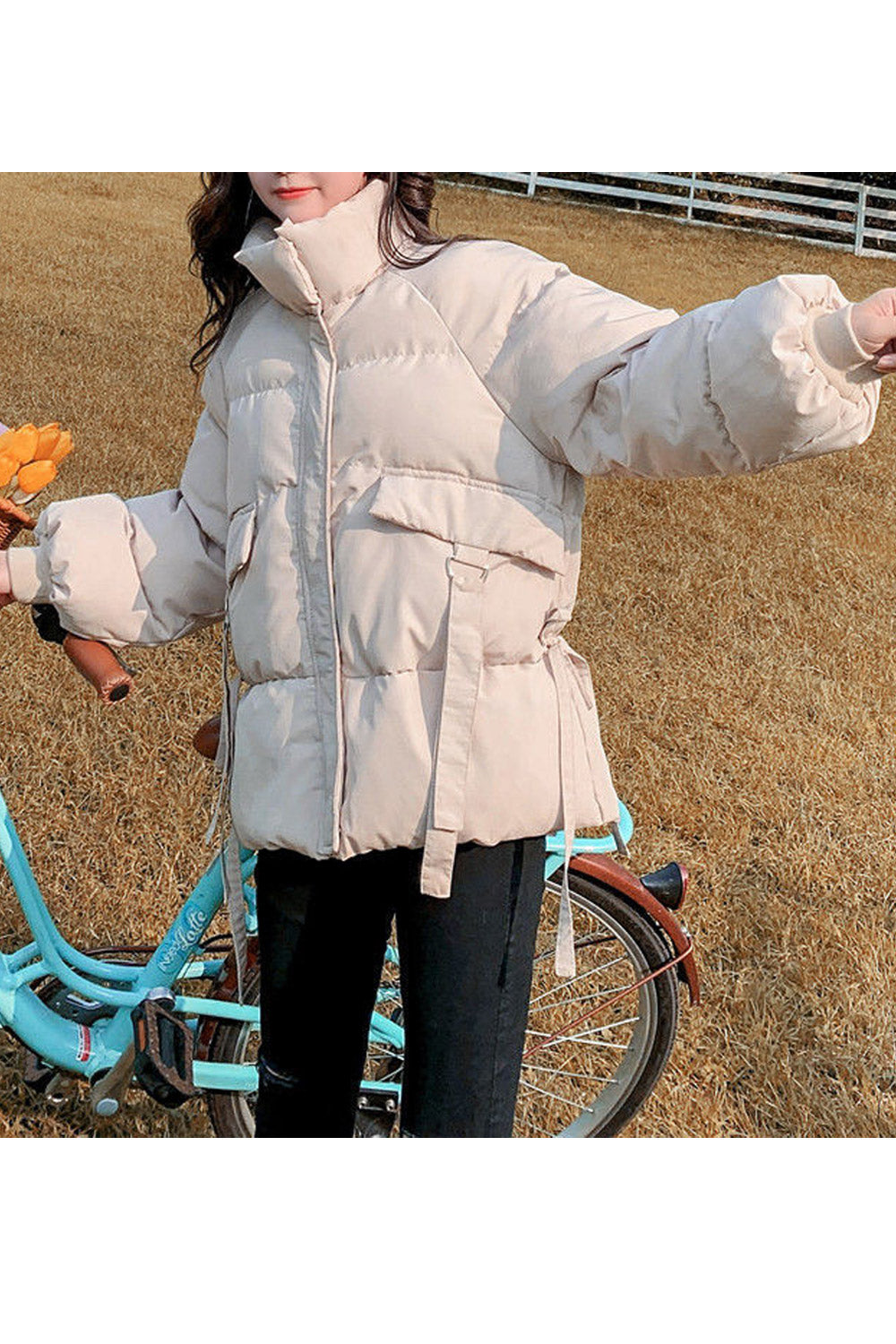 Women Restful Solid Pattern Ribbed Cuff Stand Collar Flap Pockets Comfortable Winter Padded Jacket