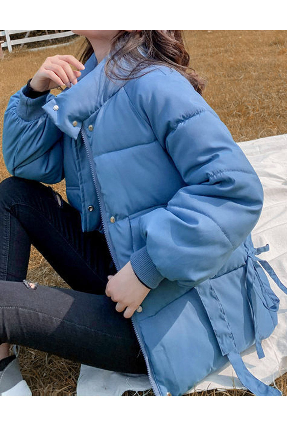 Women Restful Solid Pattern Ribbed Cuff Stand Collar Flap Pockets Comfortable Winter Padded Jacket