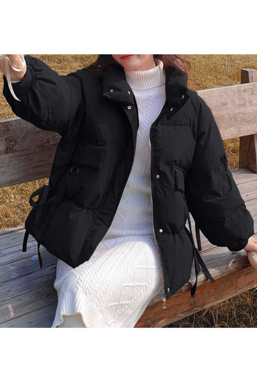 Women Restful Solid Pattern Ribbed Cuff Stand Collar Flap Pockets Comfortable Winter Padded Jacket