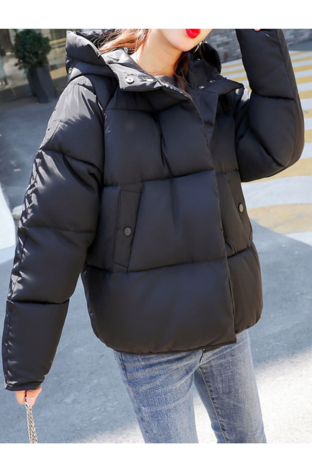 Women Simple & Decent Solid Colored Hooded Neck Fast Zip Closure Pacifying Winter Padded Jacket