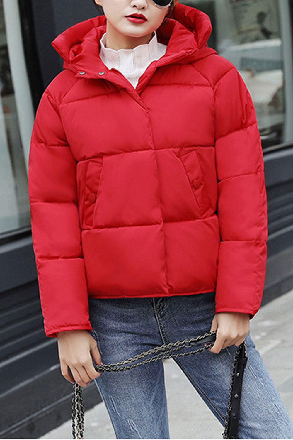 Women Simple & Decent Solid Colored Hooded Neck Fast Zip Closure Pacifying Winter Padded Jacket