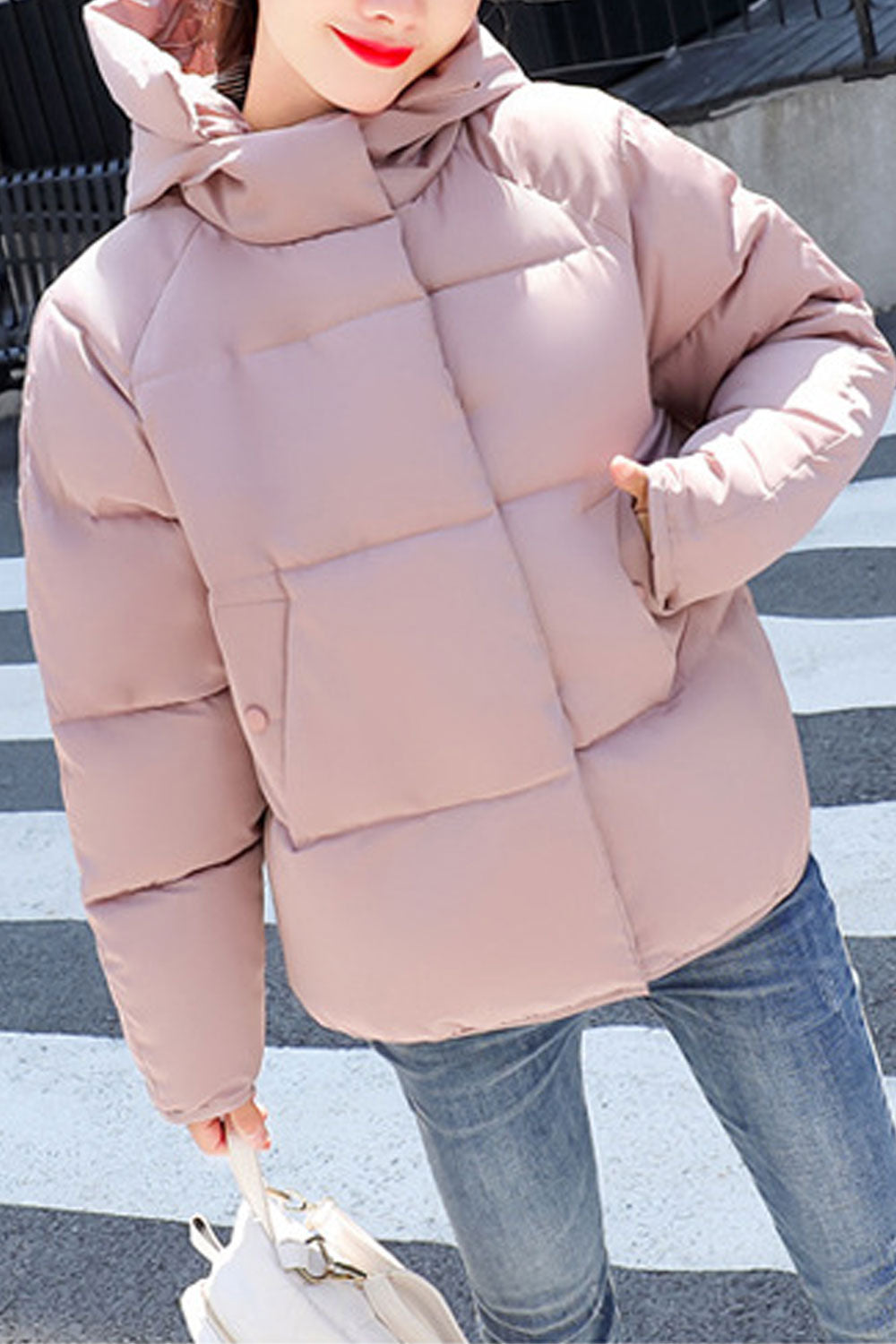 Women Simple & Decent Solid Colored Hooded Neck Fast Zip Closure Pacifying Winter Padded Jacket