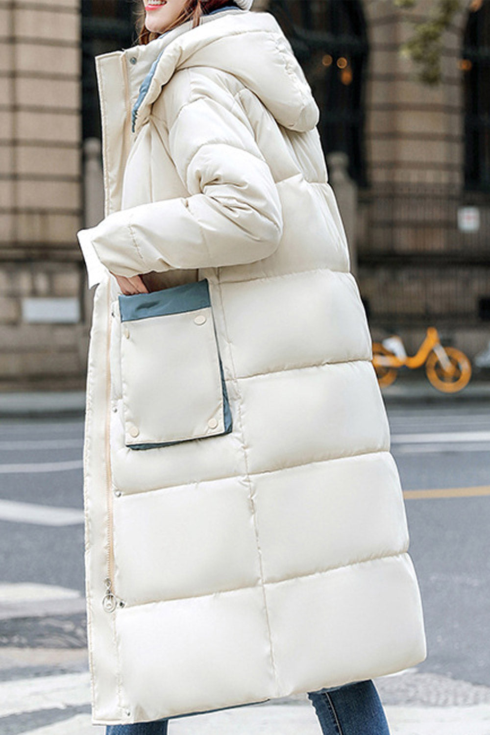 Women Knee Length Huge Storage Pockets Stand Collar & Hooded Comfortable Winter Padded Jacket