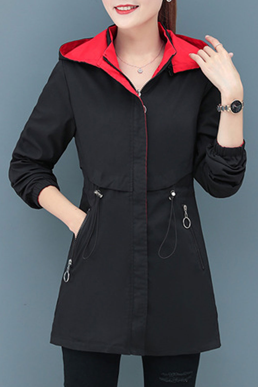 Women Stunning Hooded Neck Knitted Ribbed Cuff & Zippered slash Pocket