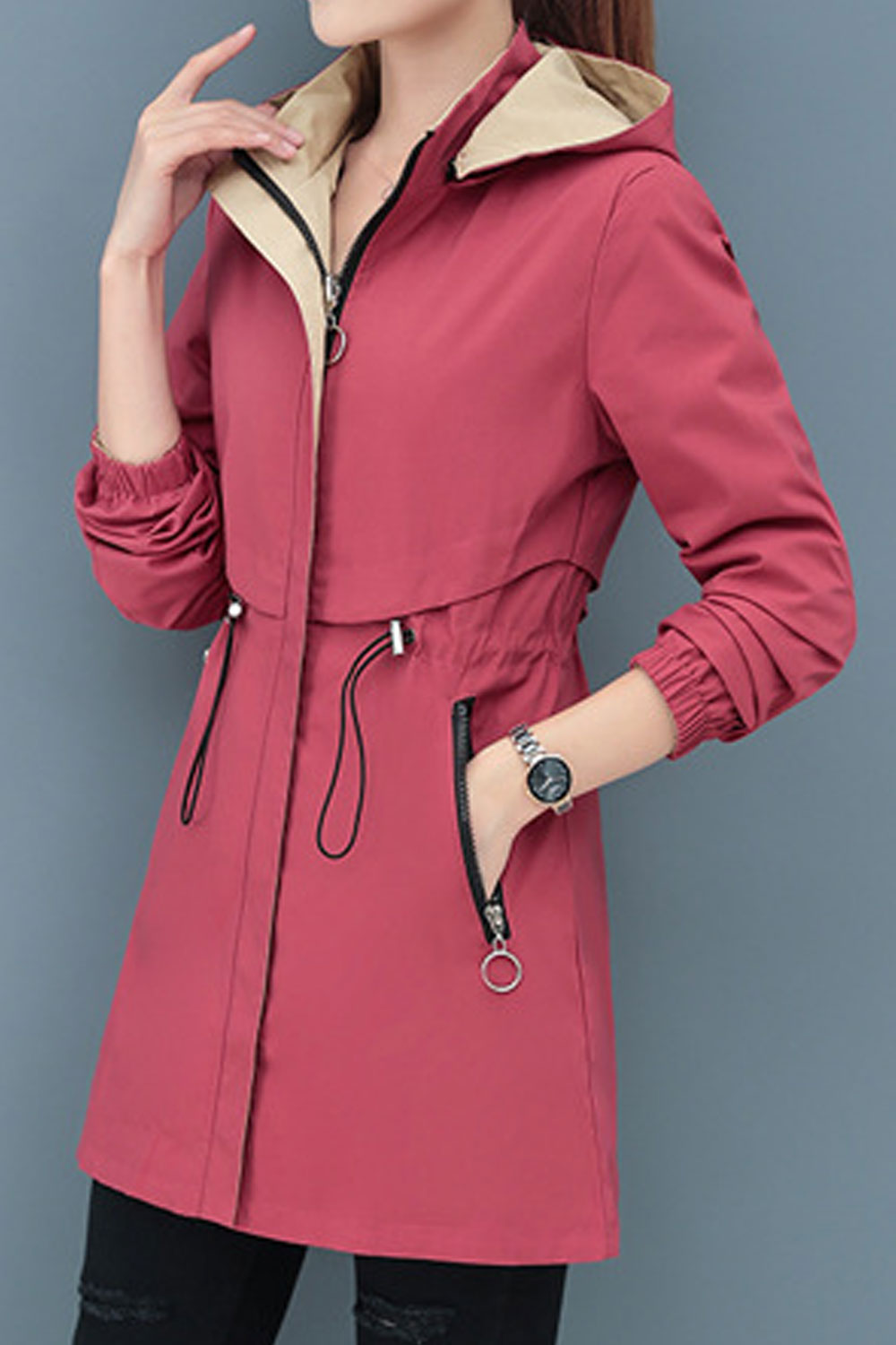 Women Stunning Hooded Neck Knitted Ribbed Cuff & Zippered slash Pocket