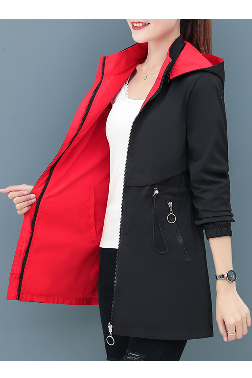 Women Stunning Hooded Neck Knitted Ribbed Cuff & Zippered slash Pocket