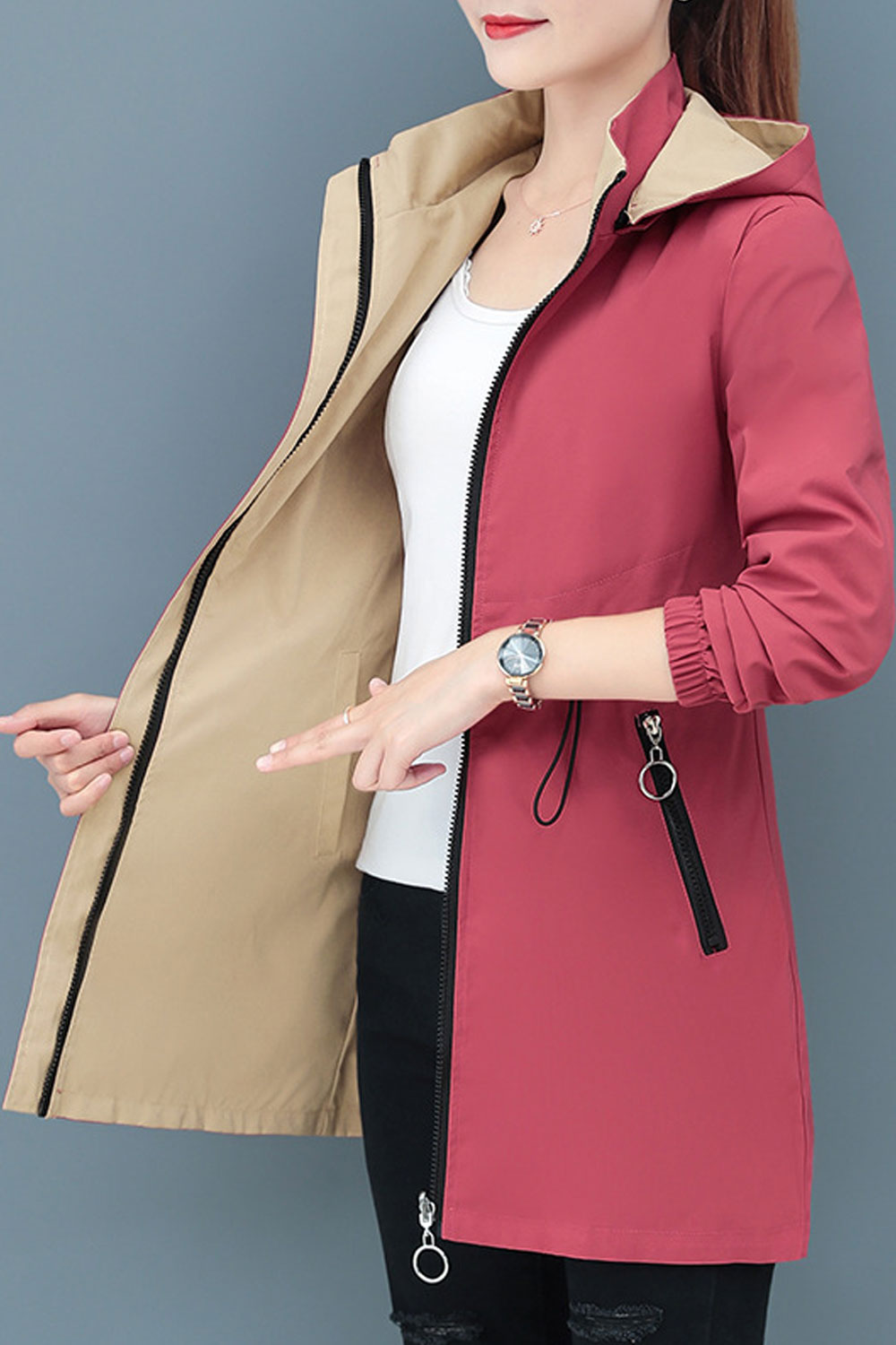 Women Stunning Hooded Neck Knitted Ribbed Cuff & Zippered slash Pocket