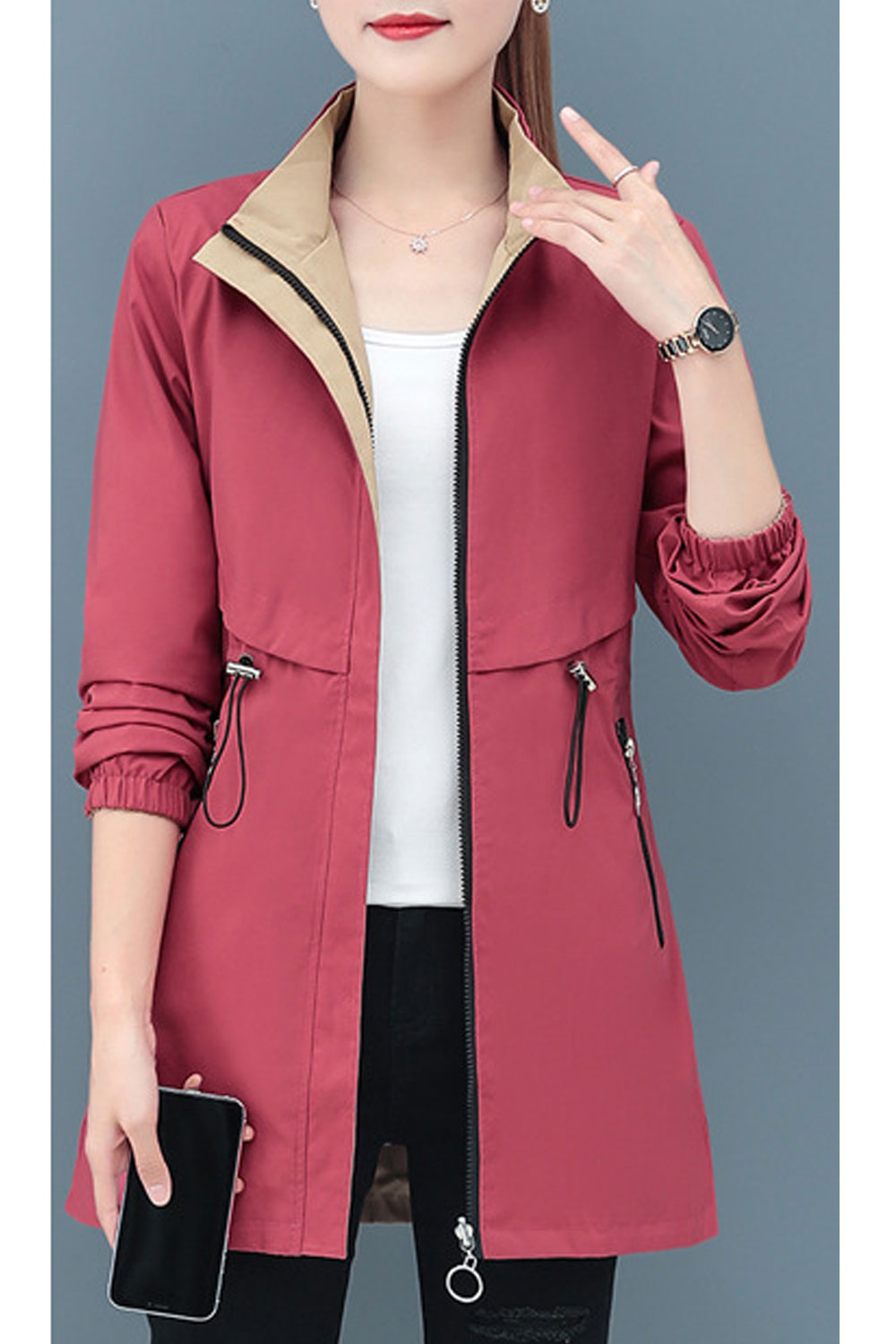 Women Stunning Hooded Neck Knitted Ribbed Cuff & Zippered slash Pocket