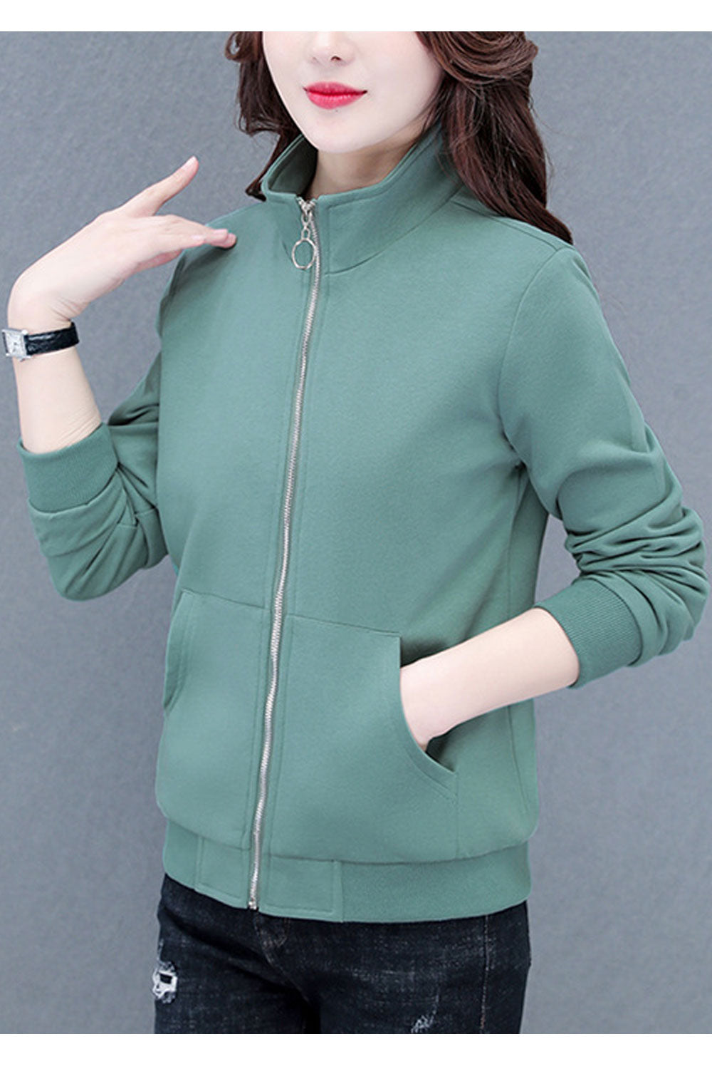 Women Celestial Stand Collar Neck Knitted Ribbed Cuff & Hem Kangaroo Pockets Winter Casual Pocket