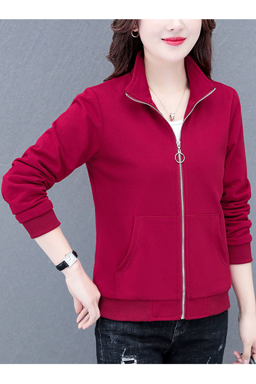 Women Celestial Stand Collar Neck Knitted Ribbed Cuff & Hem Kangaroo Pockets Winter Casual Pocket