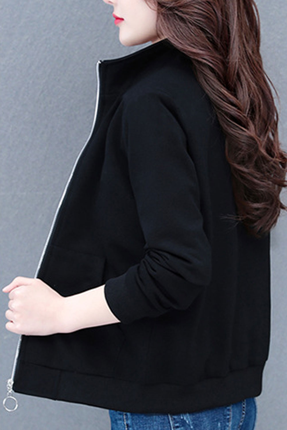 Women Celestial Stand Collar Neck Knitted Ribbed Cuff & Hem Kangaroo Pockets Winter Casual Pocket