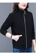 Women Celestial Stand Collar Neck Knitted Ribbed Cuff & Hem Kangaroo Pockets Winter Casual Pocket