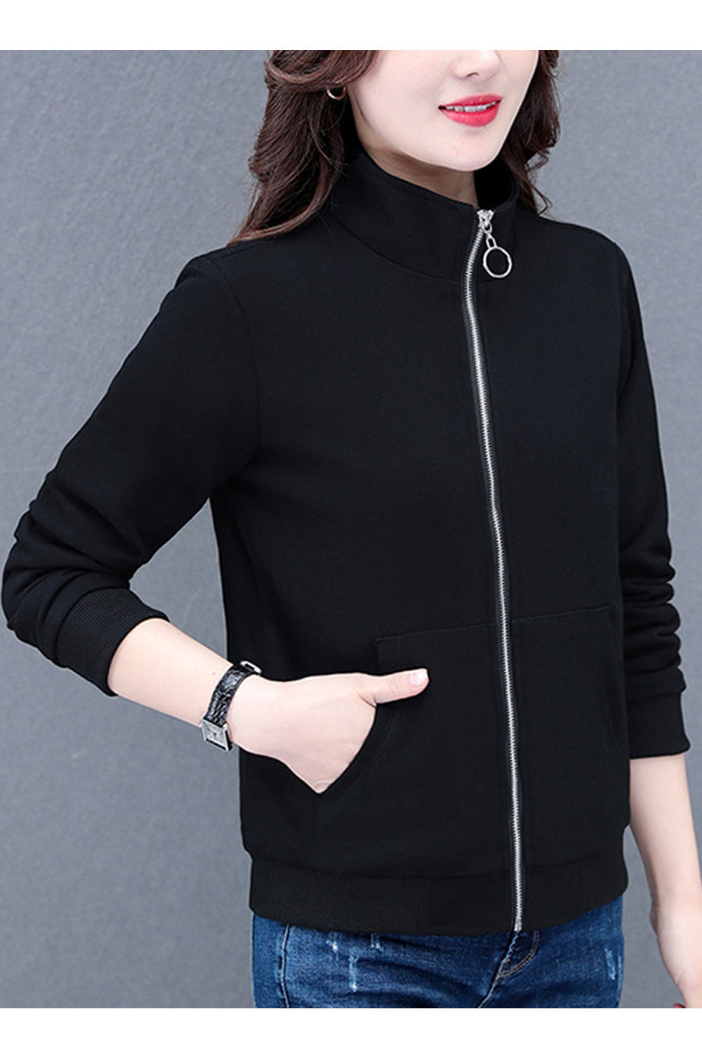 Women Celestial Stand Collar Neck Knitted Ribbed Cuff & Hem Kangaroo Pockets Winter Casual Pocket